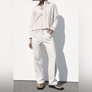 ZARA white eyelet lace beaded blouse XS vacation coastal resort boho top